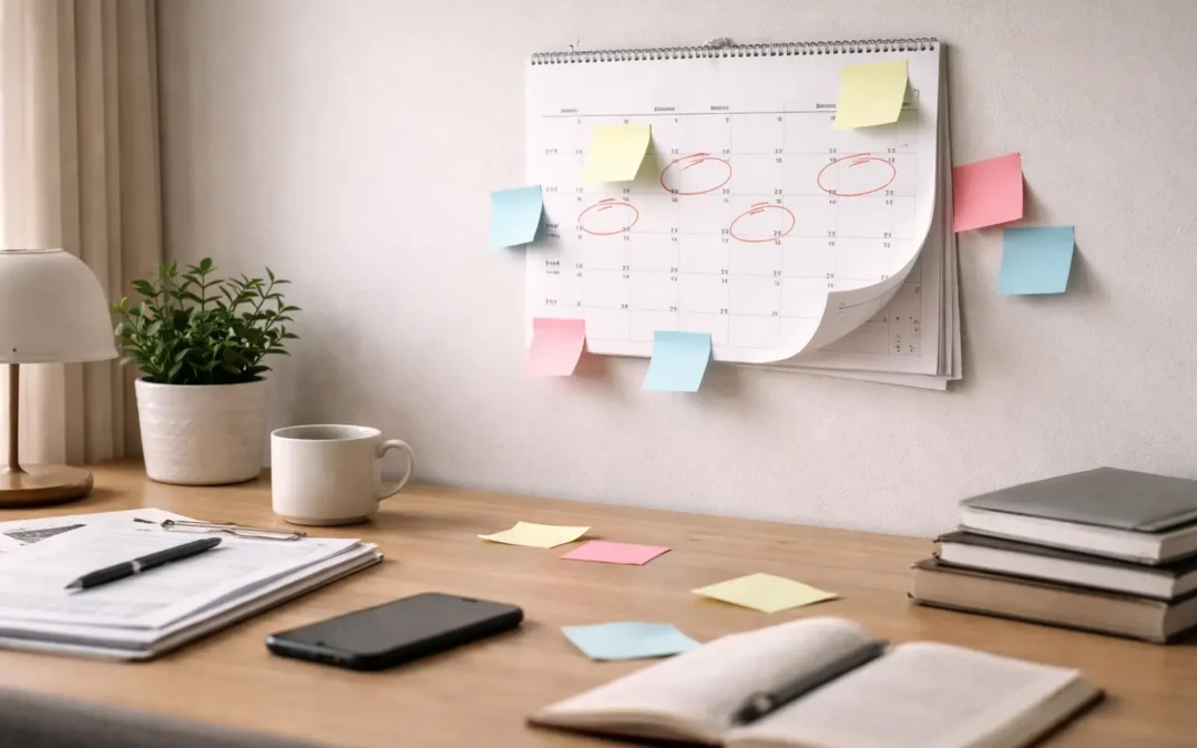 Cluttered desk with a calendar marked by sticky notes, a coffee mug, a smartphone, and scattered papers, reflecting the busy workspace of coaches and consultants managing leads and appointments.