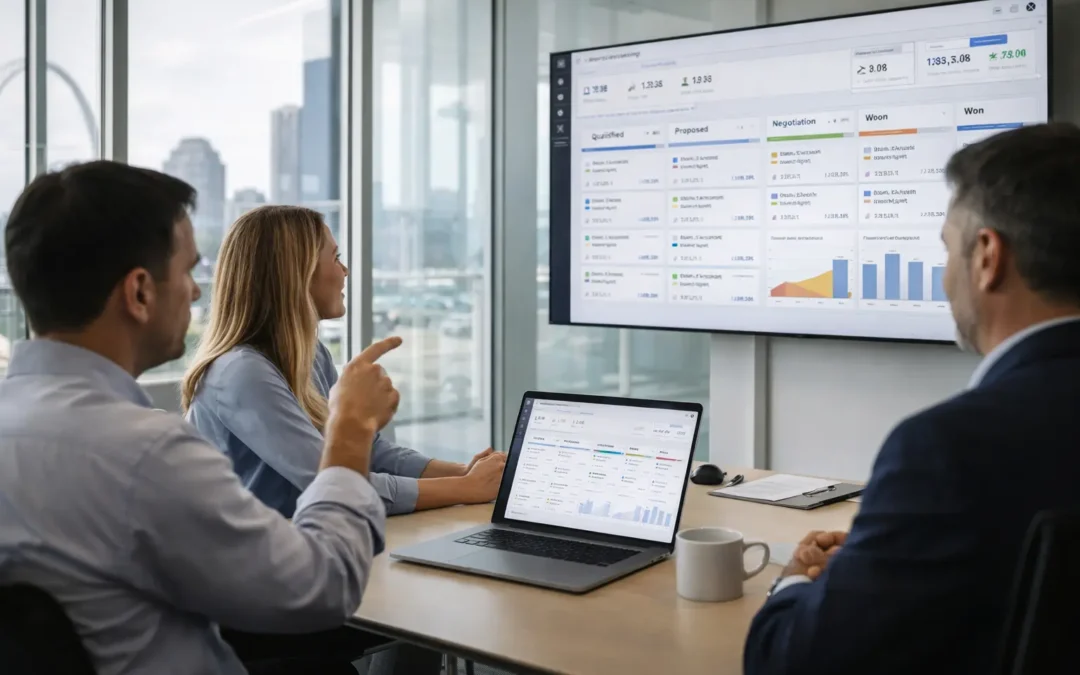 Business professionals analyzing CRM data on a screen in a St. Louis office, with a laptop displaying sales metrics and charts.