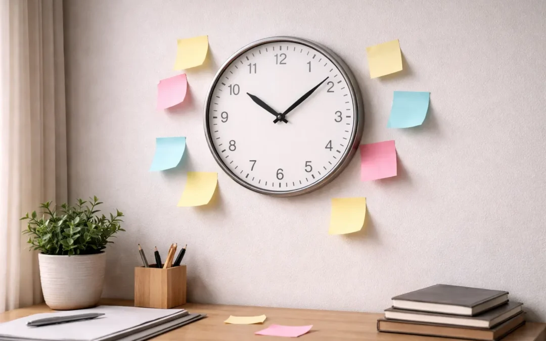 Clock surrounded by colorful sticky notes on a wall, symbolizing time management and organization in sales automation and lead nurturing processes.