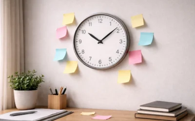 Clock with colorful sticky notes on wall, symbolizing time management and organization in B2B marketing automation strategies.